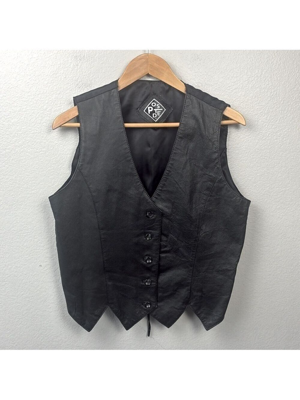 Posted Black Leather Vest Double Pointed Hem Button Up Western Rocker Vintage L